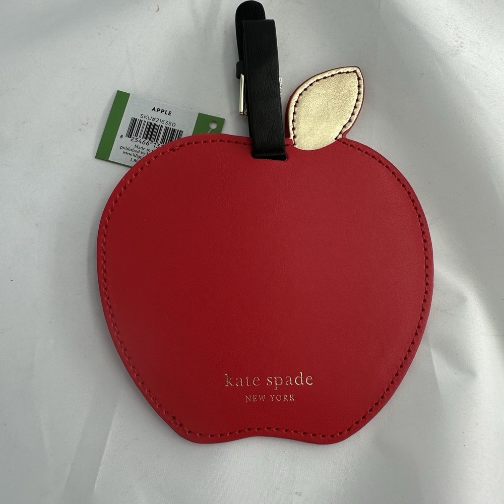 kate spade New York Red Apple Leather Luggage Tag w Buckle Strap NWT Chic Travel